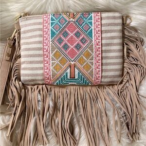 MMS Design Studio Beige Fringe Crossbody with Colorful Embroidery
